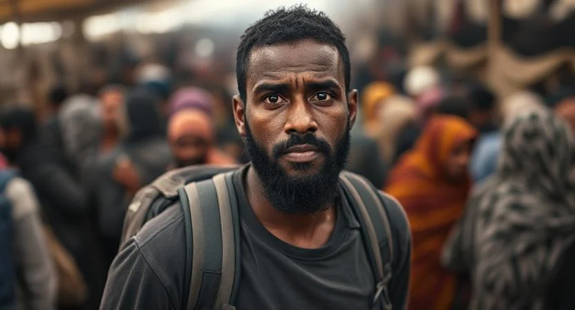 Ahmed in einem überfüllten Flüchtlingszentrum, unsicher über seine Zukunft