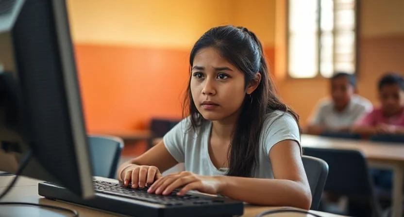 Maria während ihrer ersten Digitalkompetenz-Stunde, unsicher aber entschlossen zu lernen