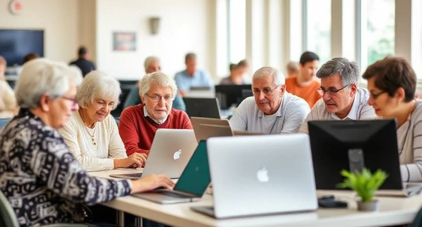 Digitalkompetenz-Workshop-Teilnehmer lernen gemeinsam Computerkenntnisse