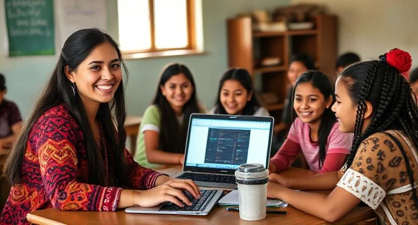 Maria unterrichtet ein Klassenzimmer voller begeisterter junger Mädchen im Programmieren