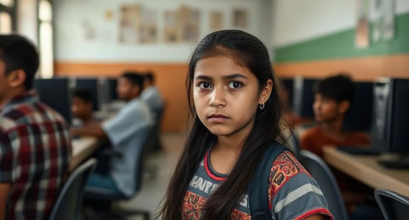 Maria wirkt zögerlich vor einem Computerraum, umgeben von Jungen